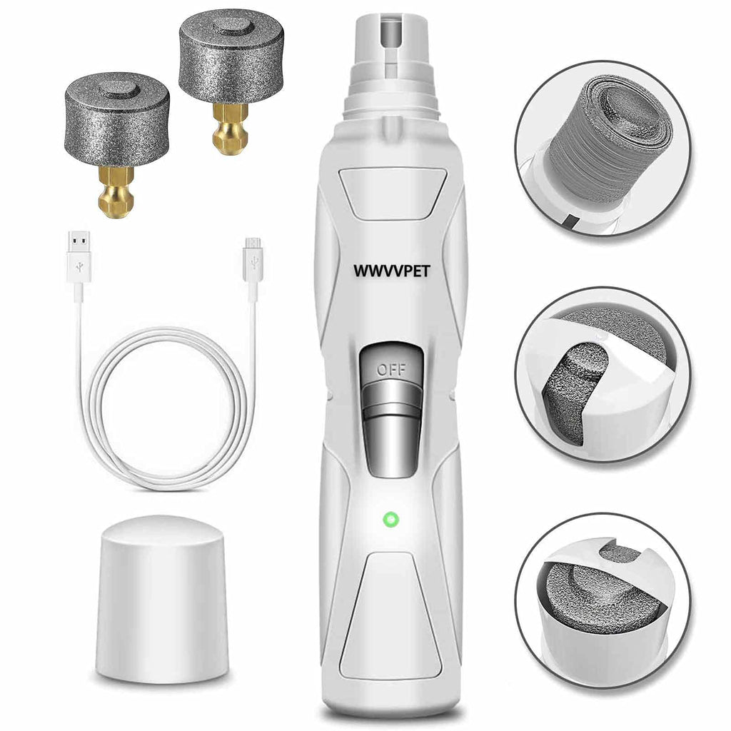 Pet Nail Grinder with 2 Grinding Wheels, Low Noise & More Powerful Dog Nail Clipper, Electric Pet Nail Trimmer File, Painless Paw Claw Care, Quiet USB Rechargeable Grooming Tool for L/M/S Dog/Cat/Bird White - PawsPlanet Australia