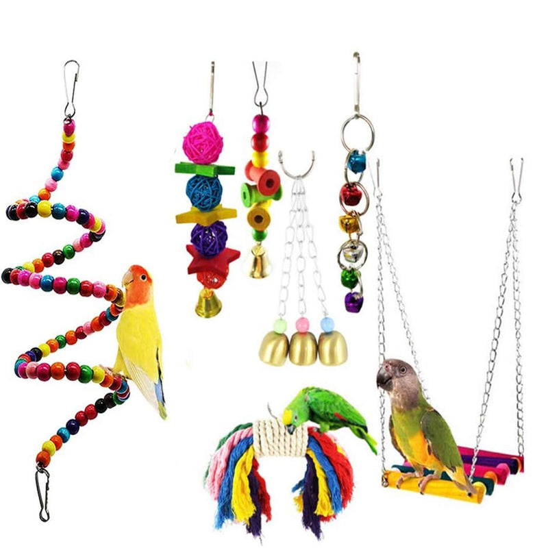 HIMM 7Pcs Parrot Toy Set Parrot Rope Toy Climb Toy Parrot Hanging Swing Toys Parrot Cuddly Toy Parrot Toy Set Including Wooden Ball Rotate Ladder,Bell Toy,Rope Toys,Swing Toys,Parrot Toy Bell - PawsPlanet Australia