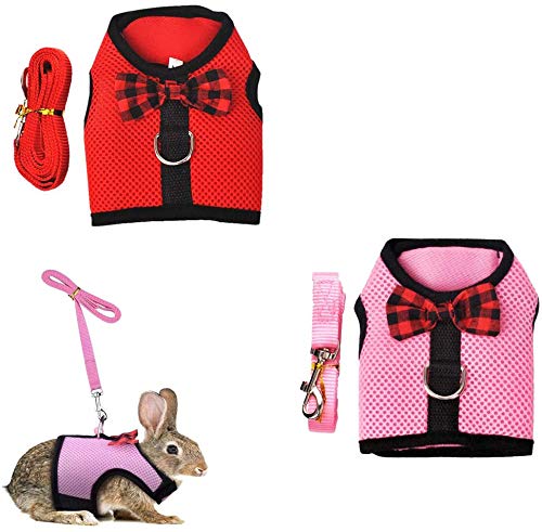 Kismaple Rabbit Harness and Lead Set with Cute Bow Tie and Bell Mesh Adjustable Vest Harness for Small Animals Bunny Kitten S (Pack of 1) Red + Pink - PawsPlanet Australia