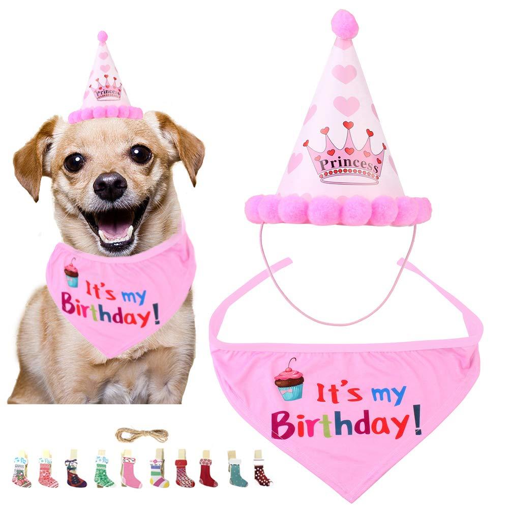 SwirlColor Dog Birthday Hat Bandana Sets, Pink Meaningful Cute Dog Happy Birthday Hat Dog Birthday Scarf, with 10Pcs Photo Clips - PawsPlanet Australia