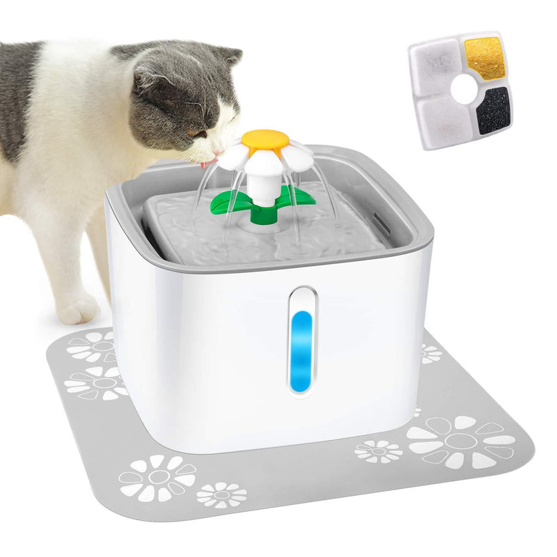 Pet Water Fountain with LED Water Level Window, 84oz/2.5L Automatic Pet Fountain, Ultra Silent Healthy and Hygienic, 3 Modes Drinking Fountain, with 1 Carbon Filter and 1 Large Silicone Mat, Grey - PawsPlanet Australia