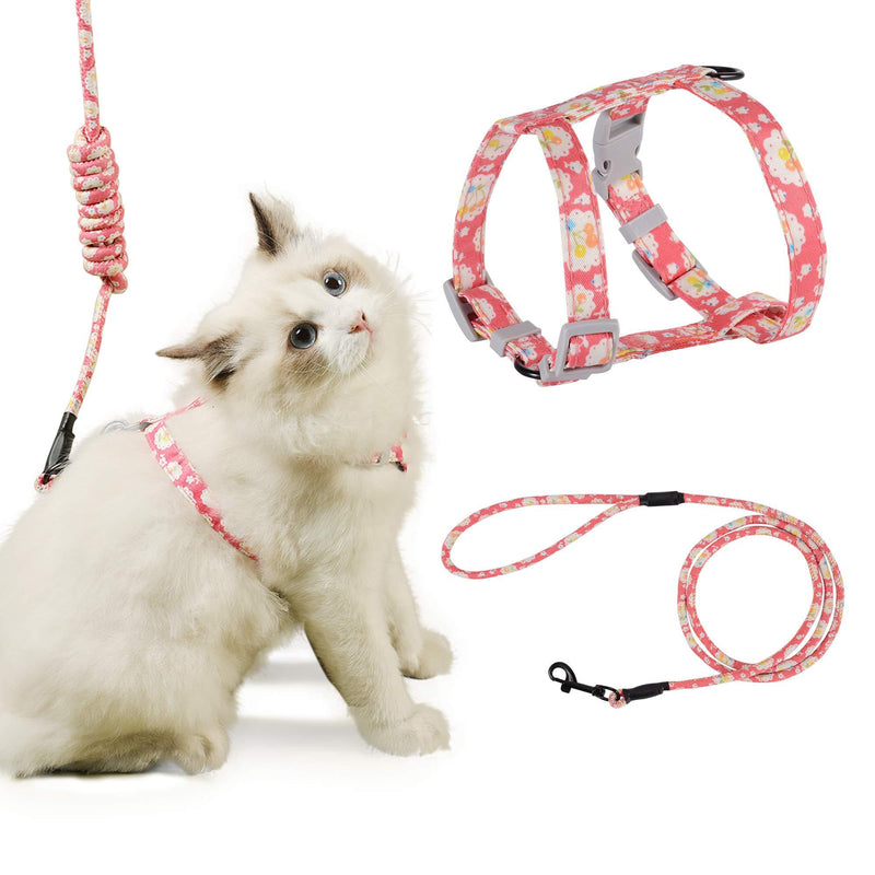 PETTOM Cat Harness with Lead, Adjustable Harness Lead Set for Cat Kitten Small Pet Outdoor Walking with Quick Buckle, Floral Design M: Chest 26 - 40 CM Pink Cherry - PawsPlanet Australia