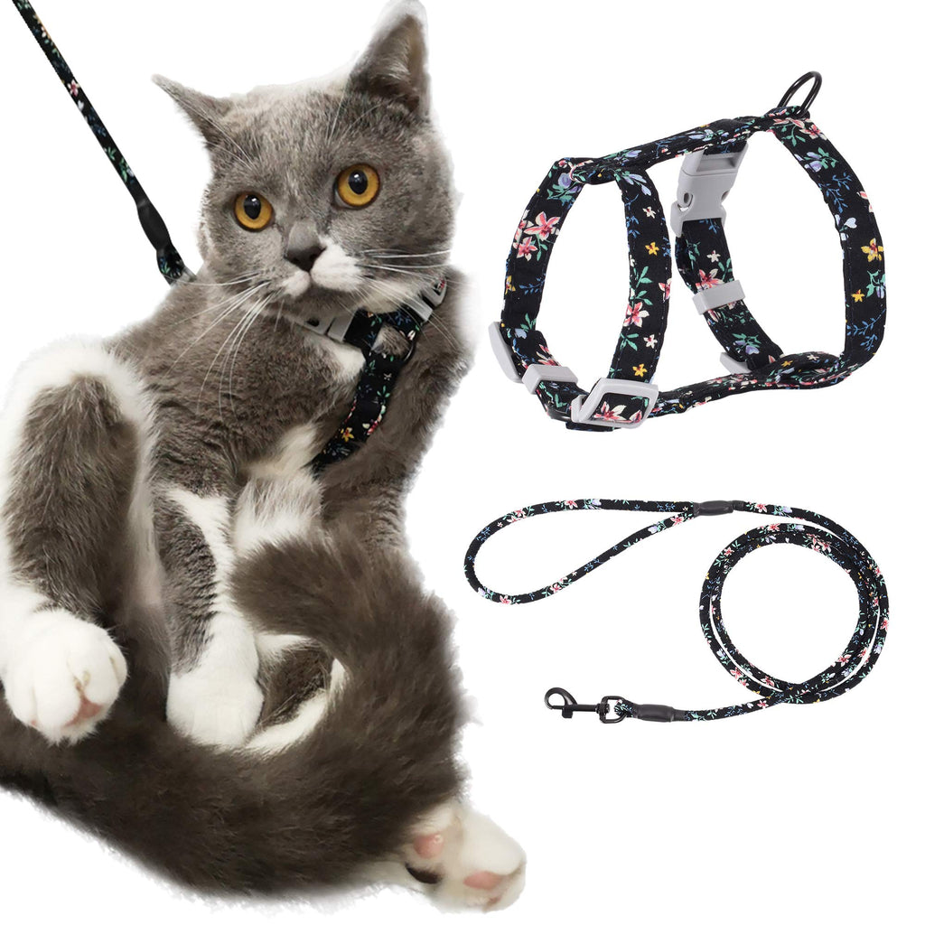 PETTOM Cat Harness with Lead, Adjustable Harness Lead Set for Cat Kitten Small Pet Outdoor Walking with Quick Buckle, Floral Design S: Chest 18 - 30 CM Black Floral - PawsPlanet Australia