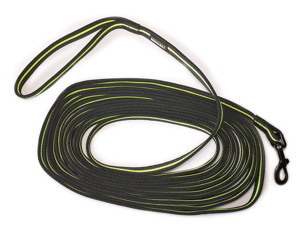 The Petcare Factory 7.5 metre, 2.5 cm Polyester Long Line Training Lead with Rubber Non-Slip Thread (Black/Neon Green) Black/Neon Green - PawsPlanet Australia