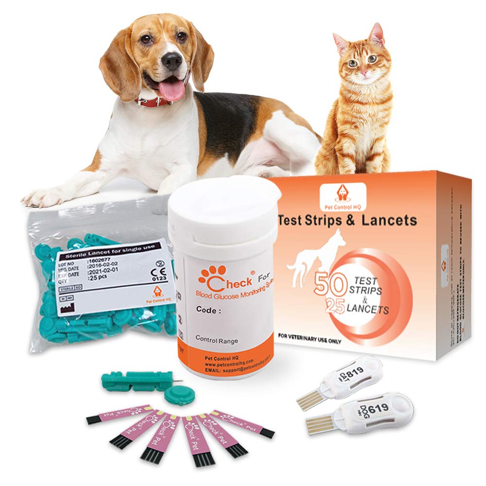 Pet Control HQ Blood Sugar Glucose Extra Test Strips - Calibrated for Dogs and Cats - Lab-Accurate Diabetes Testing w/ 2 Calibrated Code-Chips, 50 Diabetic Test Strips, Lancets (Monitor Not Included) - PawsPlanet Australia