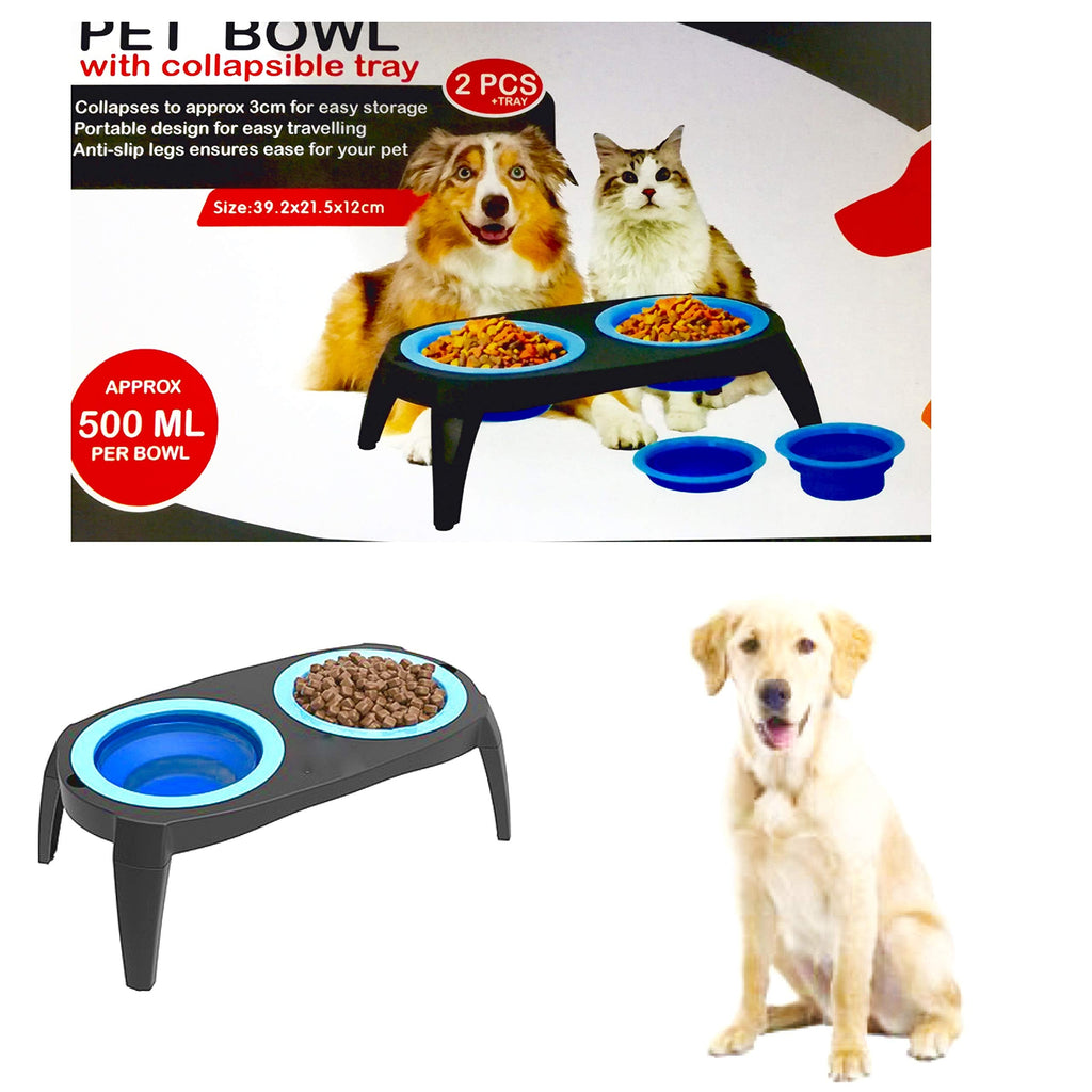 ADEPTNA Collapsible Pet Feeding Bowl Set with Foldable Tray- Easy to Clean and Anti-Slip Stand Great for Traveling Hiking Camping Home Indoor Outdoor (BLUE) BLUE - PawsPlanet Australia