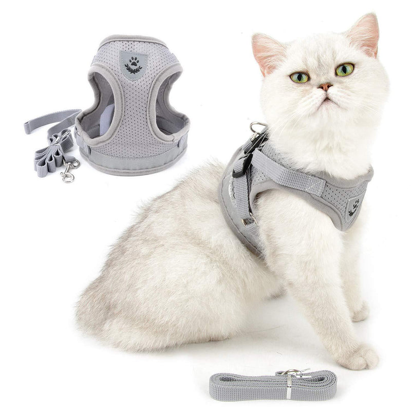 Ranphy Cat Harness and Lead Set，Escape Proof Adjustable Vest No Pull Reflective Walking Jackets Breathable Small dog Step In Harness Soft Mesh Padded for Boy Girl Puppy Kitten Gray S S(Chest 34cm) - PawsPlanet Australia