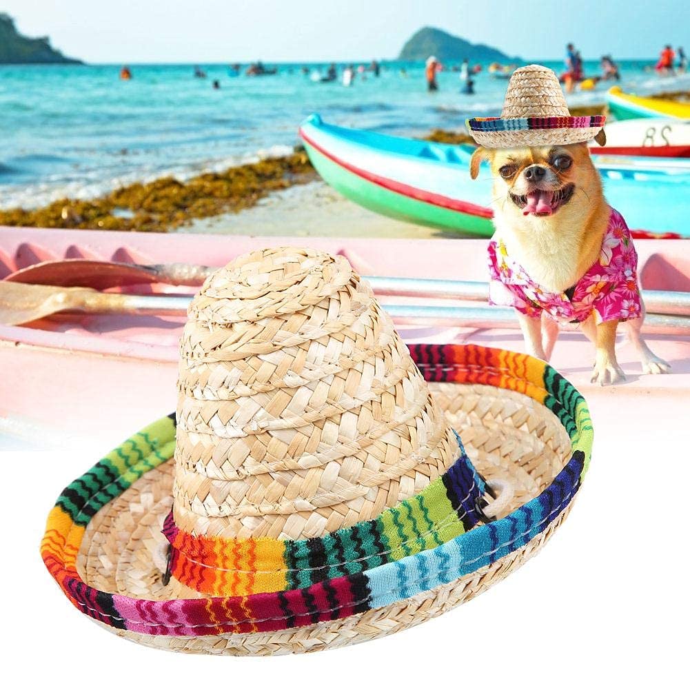 Zyyini Pet Straw Hat, 2 Colors Funny Mini Pet Sombrero Hat Cat Sun Hat Beach Party Straw Hats for Small Pets Puppy Cat Headwear Dress Up - PawsPlanet Australia