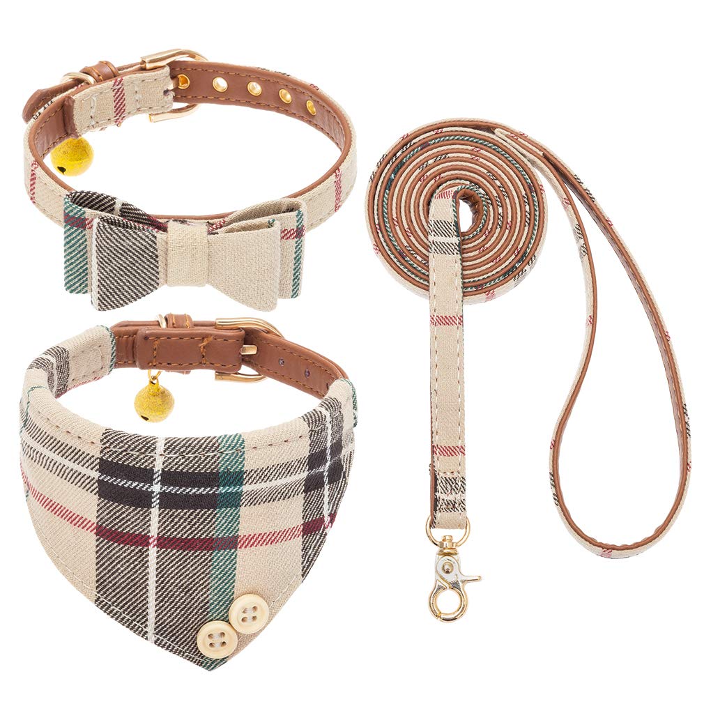 EXPAWLORER Bow Tie Dog Collar and Leash Set Classic Plaid Adjustable Dogs Bandana and Collars with Bell for Puppy Cats 3 Count Small Cream - PawsPlanet Australia