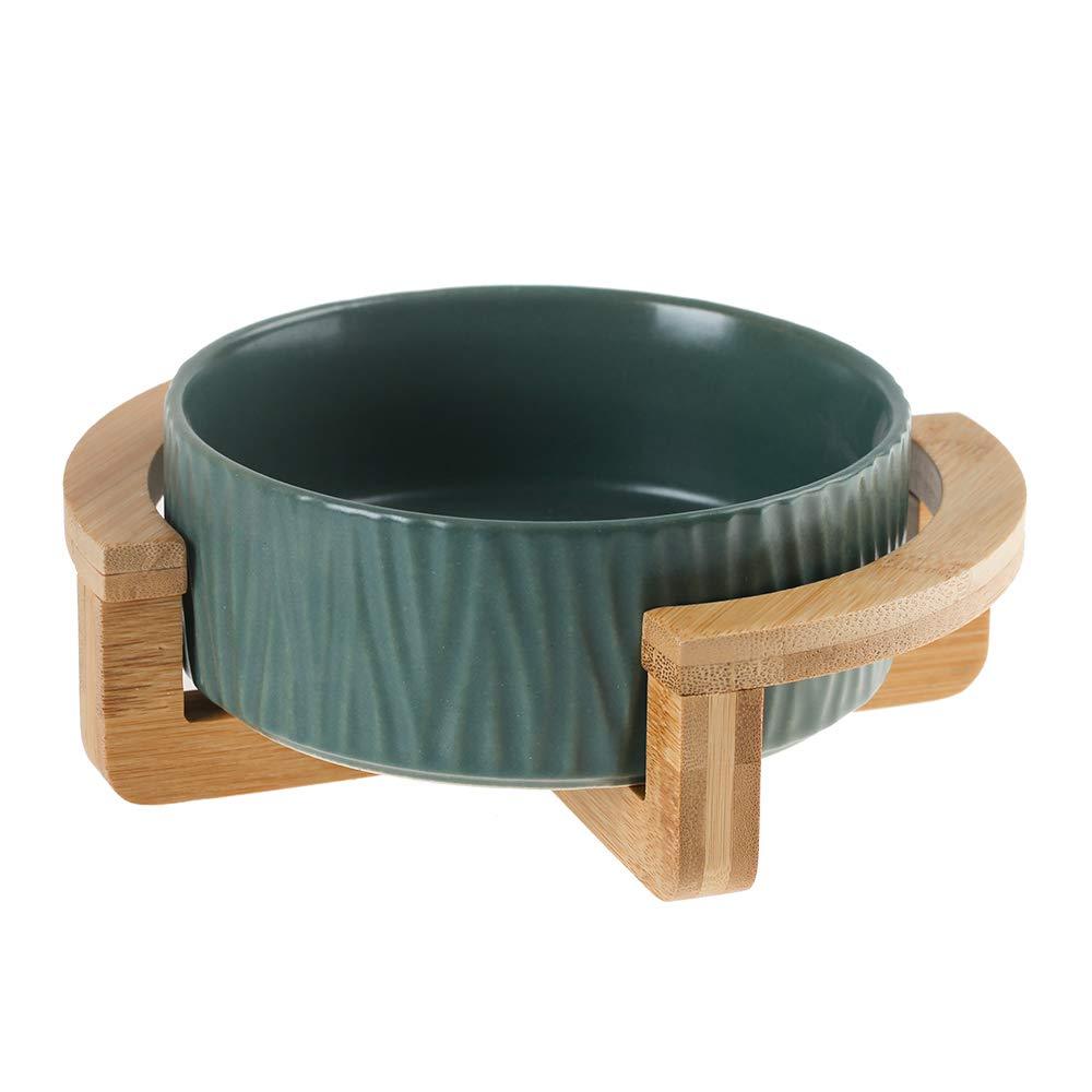 HCHLQLZ Green 5 inch Ceramic Cat Bowl with Wood Stand No Spill Pet Food Water Feeder Cats Small Dogs - PawsPlanet Australia