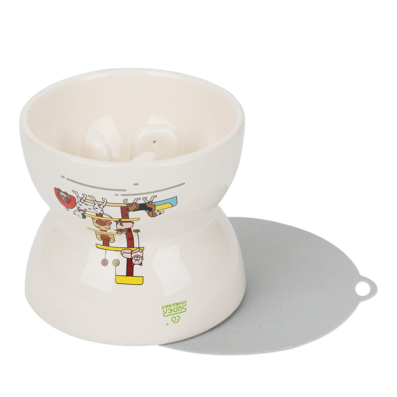 SUPER DESIGN Ceramics Raised Slow Feeder Dog Bowl & Silicone Mat Set, Porcelain Elevated Dog Feeder for Food and Water, Less Regurgitating and Vomiting M Beige - PawsPlanet Australia