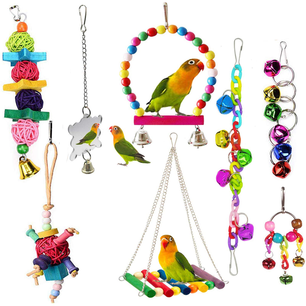 8 Pcs Bird Parakeet Cockatiel Parrot Toys, ESRISE Hanging Bell Hammock Swing Toy Wooden Perch Mirror Chewing Toy for Small Parrots, Conures, Love Birds, Small Parakeets (Muliti-A) - PawsPlanet Australia