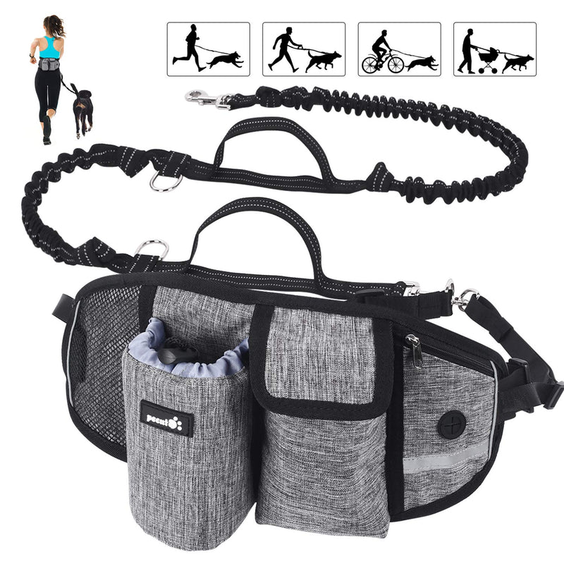 pecute Hands Free Dog Running Leads with Wide Back Support Waist Bag,Adjustable Dog Walking Belt with Multi Pouch & Poo Bag Holder,Durable 2 Handles & Bungees Reflective Jogging Lead,Up to 60KG(Grey) Large Grey - PawsPlanet Australia