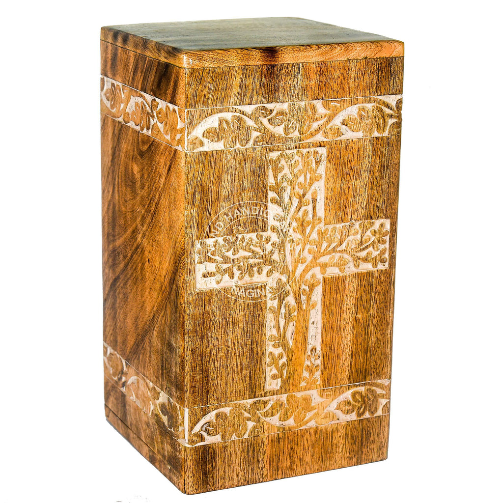 Hind Handicrafts Handmade Wooden Cremation Urns for Human Ashes Adult Large, Burial Urns for Columbarium, Rosewood Wooden Box Funeral Urns for Human Ashes Large with Cross - 250 Cu/in (Whitewashed) Whitewashed - PawsPlanet Australia