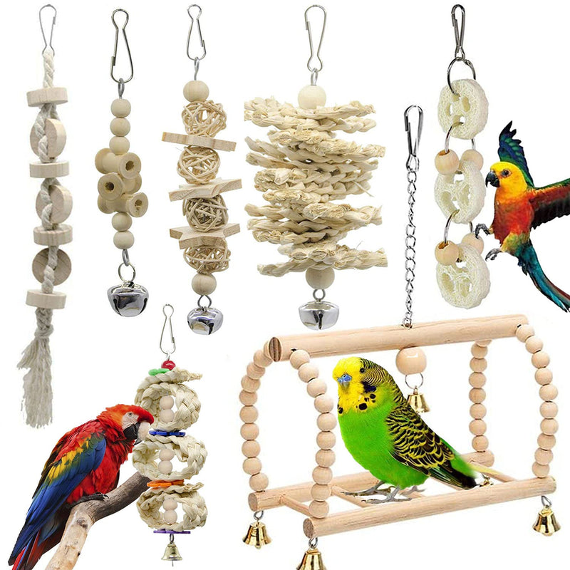 GingerUPer 7 Packs Bird Toy Bird Parrot Swing Chewing Toys- Natural Wood Hanging Bell Bird Cage Toys Suitable for Small Parakeets, Cockatiels, Conures, Finches,Budgie,Macaws, Parrots, Love Birds - PawsPlanet Australia