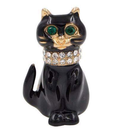 irresistible1 Fashionable Black Cat Brooch with Green Eyes Whiskers and Collar with Crystals 3.0cm x 1.6cm - PawsPlanet Australia