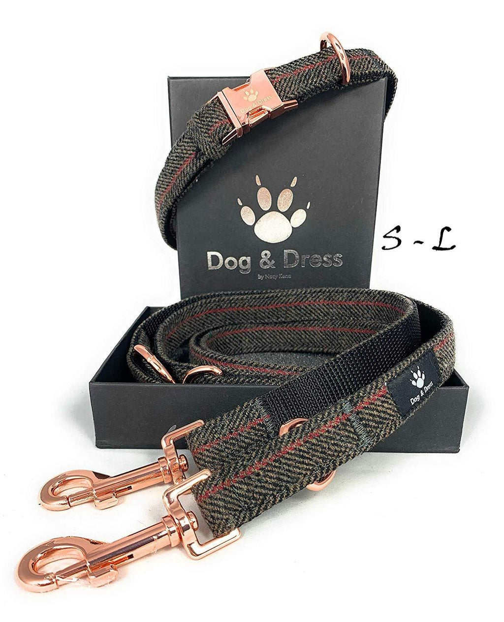 Dog Collar and Lead Set, Rose Gold, Adjustable, Dog Lead 2m, 3 Rings, Carabiner, Strong Tweed + Nylon, Gift Dog (S/M 31-40 cm, dark brown) S/M 31-40 cm - PawsPlanet Australia