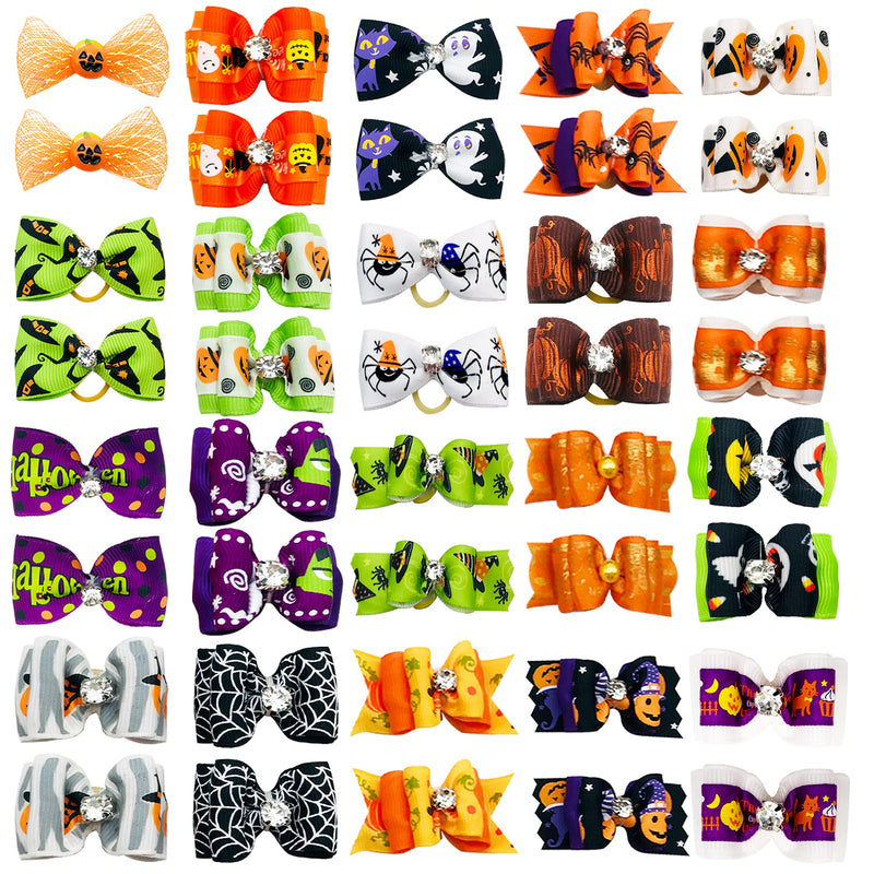 BIPY 40Pcs/Pack Halloween Pet Hair Bows with Rubber Bands for Small Dog Cat Puppy 20Pairs Hairbands Topknot Assorted Grooming Costumes Random Color - PawsPlanet Australia