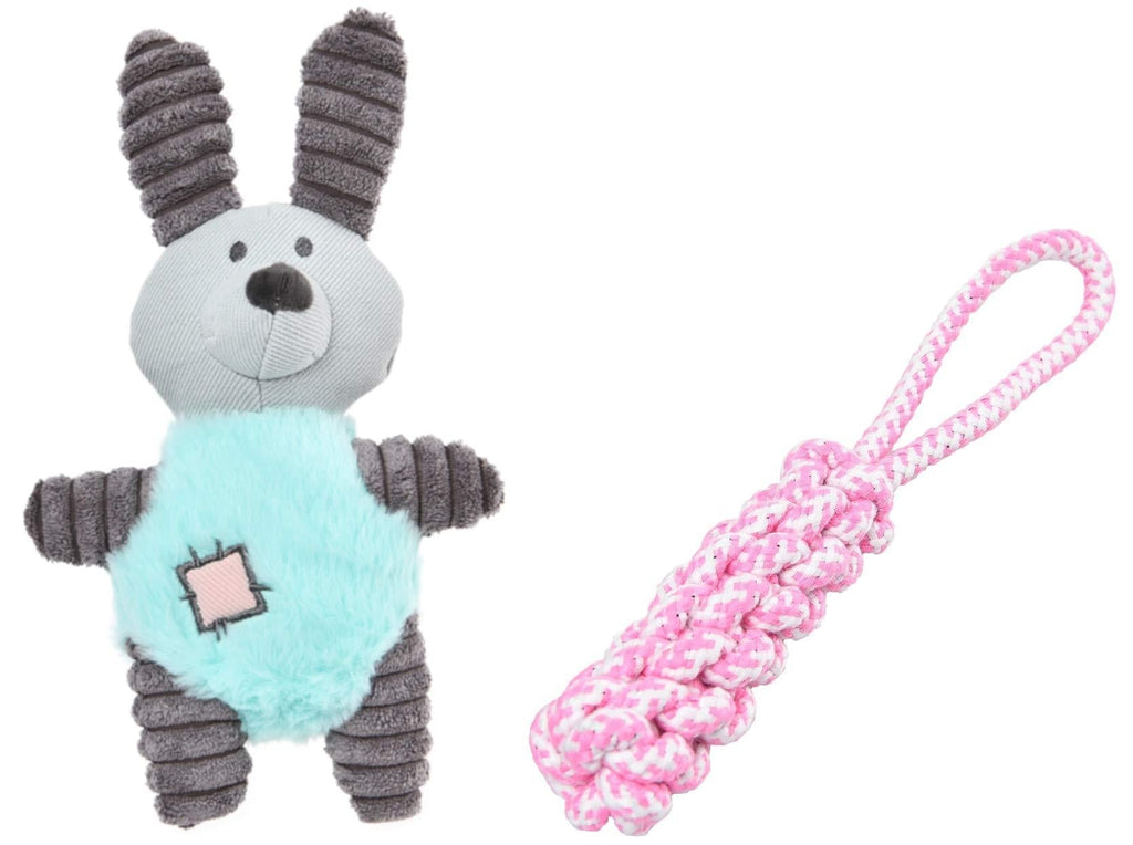 Mishi 2x Puppy Toys – 2 Pack Toys for Small, Medium and Large Dogs – Plush Snuggle Toy and Rope Toy – Squeaker Inside - BUNNY & ROPES - PawsPlanet Australia