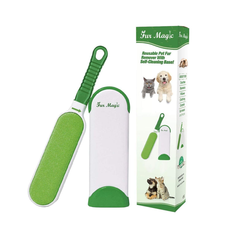 Fur Magic Pet Hair Remover Lint Brush With Self-Cleaning Base, Improved Handle, Double-sided Fur Brush for Dog and Cat, Green - PawsPlanet Australia