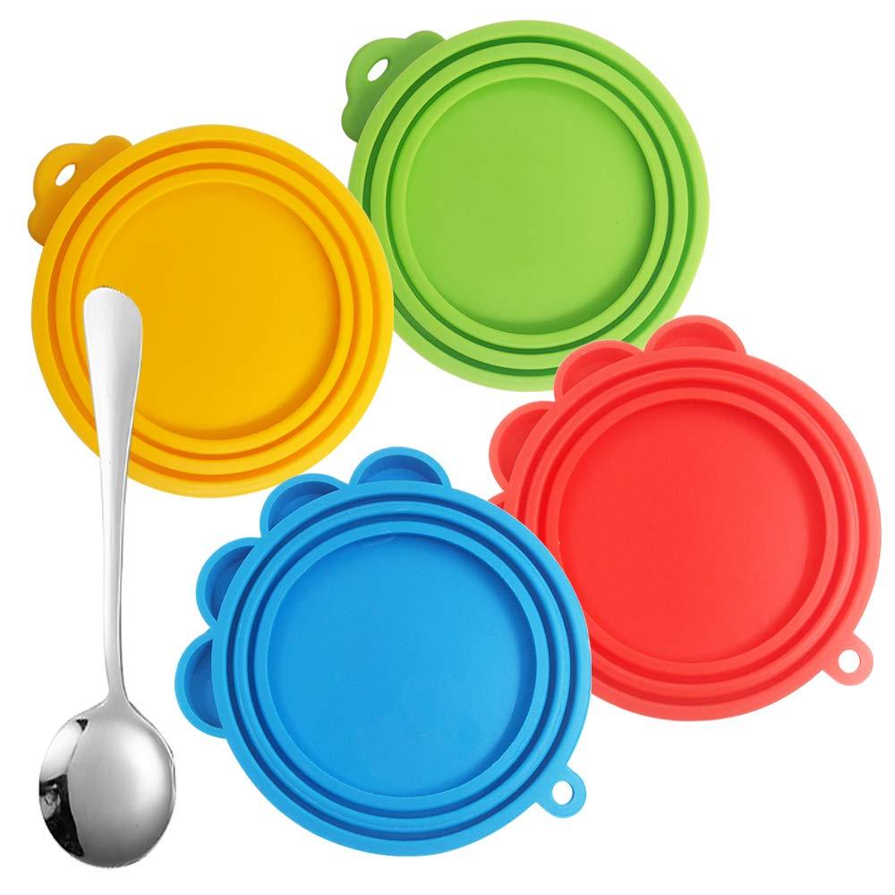 FineGood 4 Pack Silicone Pet Can Cover with Spoon, Food Grade Silicone Pet Can Lid Universal Food Cover for Dog Cat Can Food- Red, Blue, Yellow, Green - PawsPlanet Australia