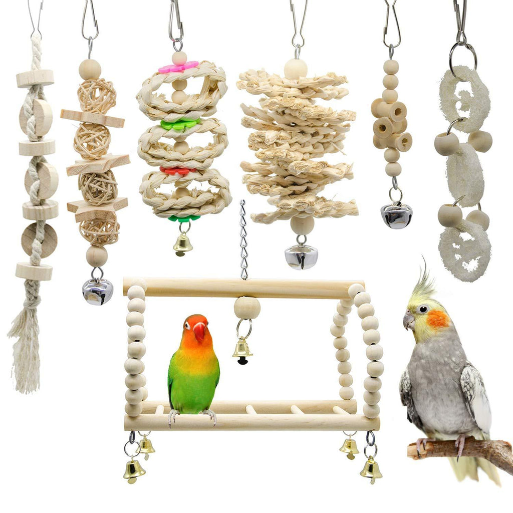 LANSONTECH 7 Pcs Bird Parrot Swing Chewing Toys- Natural Wood Hanging Bell Bird Cage Toys Suitable for Small Parakeets, Cockatiels, Conures, Finches,Budgie,Macaws, Parrots, Love Birds Style-5 - PawsPlanet Australia