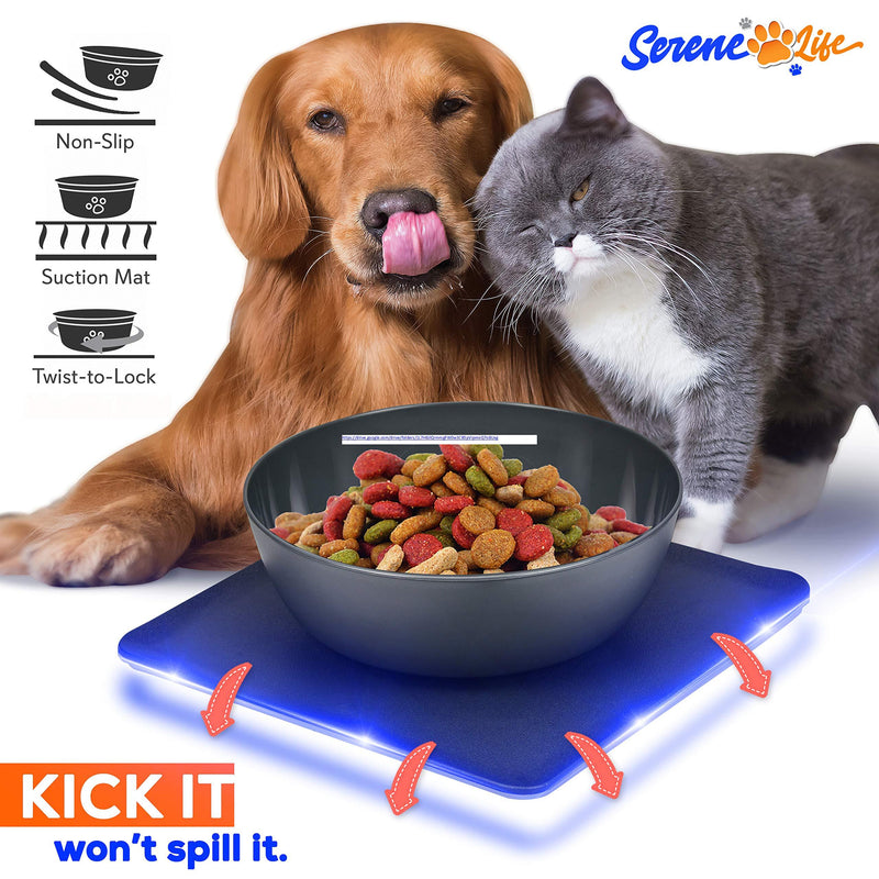 [Australia] - Non Skid Pet Bowl Set - No Flip Dog Bowl Dog Spill Proof Mat Set - Interlocking Non Skid Pet Puppy Cat Dog Bowl With Mat - Twisty Dish Food/Water Bowl for Mess Free Feeding - SereneLife SLTDG69 (Gray) Large Bowl 