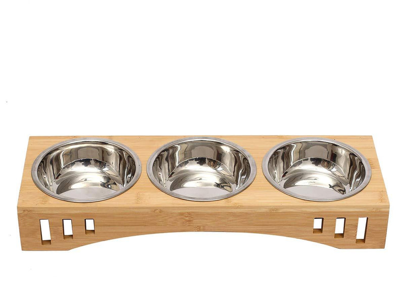 Geyecete Cat Bowls with Wooden Stand Cat Bowls with Stand Pet Dining Table Cat Feeder with Raised Bamboo Stand for Cats and Puppy Raised Dog Bowls three sizes-Triple Bowls 46*15.5*7CM Triple Bowls - PawsPlanet Australia