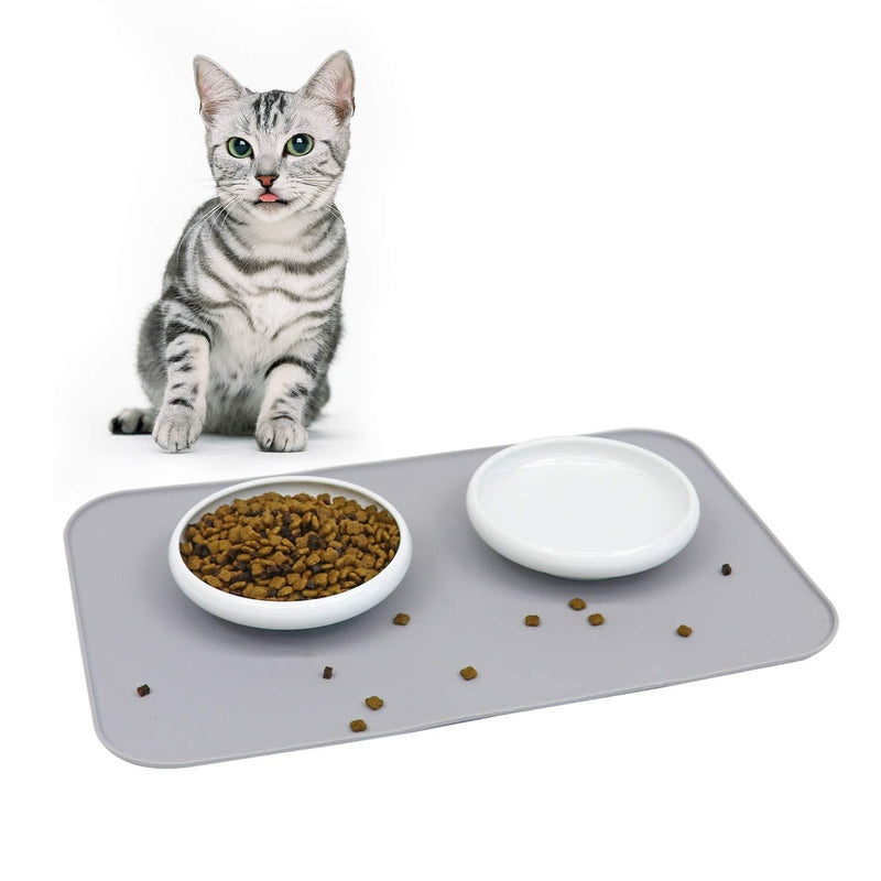 ComSaf Cat Feeding and Watering Bowl with Mat Set, Ceramic Cat Food/Water Bowls(White) with Silicone Feeding Mat for Cats, Food Grade Healthy Material Wide and Shallow Whisker Stress Free Non-Spill White - PawsPlanet Australia