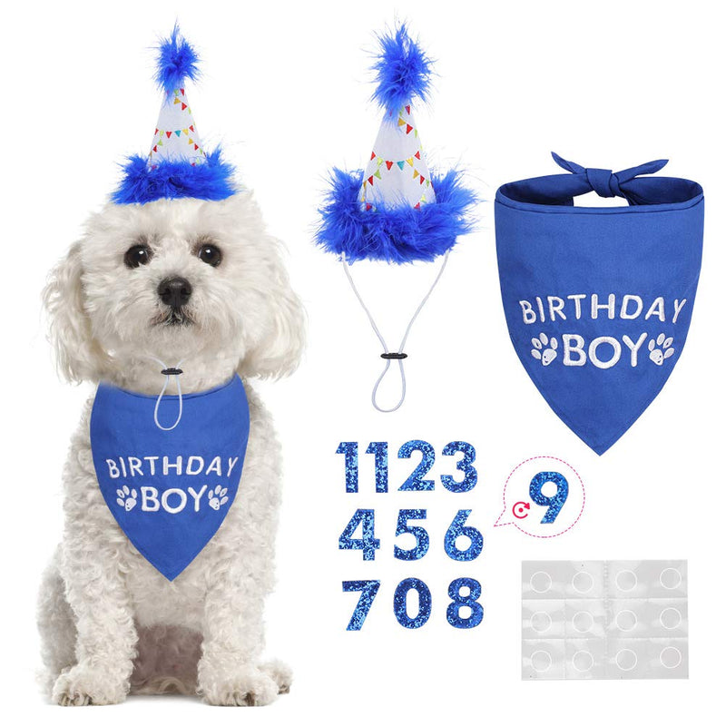 Dog Birthday Bandana Boy Scarf and Reusable Dog Birthday Hat with 0-8 Figures Blue - PawsPlanet Australia