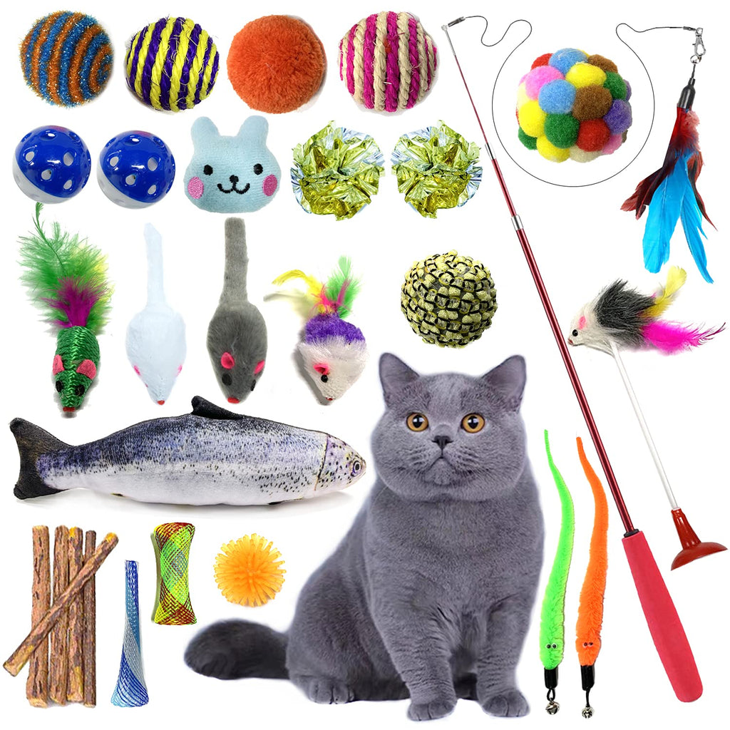 PietyPet Cat Toys Kitten Toys Assortments, 28PCS Variety Toy Set Including Cat Feather Teaser Wand, Feather Toys, Mice, Catnip Toys, Colorful Balls, Bells for Cat, Kitty, Kitten cat teaser wand toys 28pcs - PawsPlanet Australia