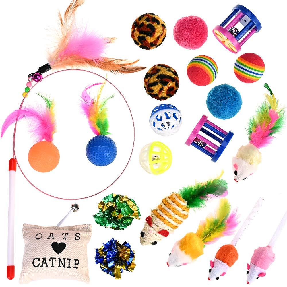 Nabance 21 Pcs Cat Toys Cat Wand Toys for Kittens Cat Teaser Toys Interactive Cat Toys Feathers Catnip Bell Crinkle Balls Mice Cat Toys Set for Indoor Kitty - PawsPlanet Australia