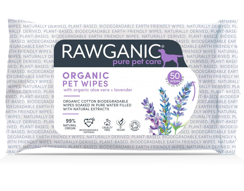 RAWGANIC Organic Pet Wipes | Gentle Natural, Premium Biodegradable Organic Cotton dog, cat and small animal wipes | with Aloe Vera & Lavender | 1 Pack (50 wipes in total) - PawsPlanet Australia