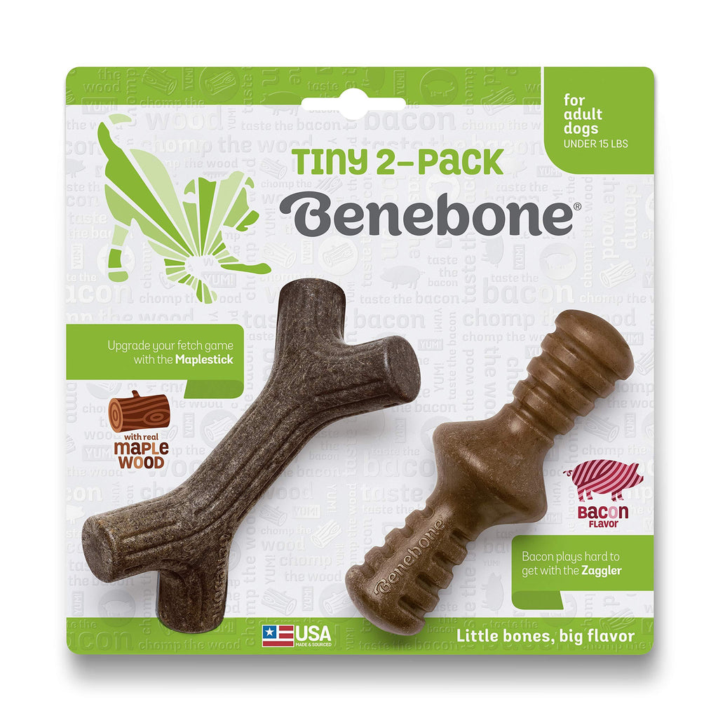 Benebone Tiny 2-Pack Durable Maplestick/Zaggler for Aggressive Chewers, Real Bacon, Made in the USA 2 Count (Pack of 1) - PawsPlanet Australia