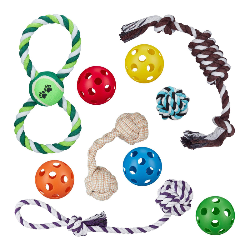 Relaxdays Dog Toy Set of 10, 5 Balls, Tug & Chew Toys, Puppy, Small & Medium Dogs, Multipack, Colourful, 10026295 - PawsPlanet Australia