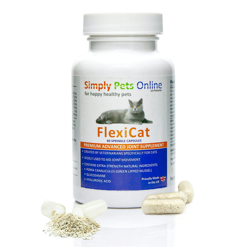 FlexiCat Cat Joint Supplement - Formulated By Vets - Extra Green Lipped Mussel, Glucosamine, Hyaluronic Acid, Vitamins - 60 Sprinkle Capsules - PawsPlanet Australia