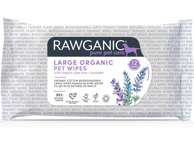 RAWGANIC Large Organic Pet Wipes, Gentle Natural Soothing Premium Cotton Biodegradable Wipes for large dogs & horses | with Aloe Vera and Lavender | 1 Pack (12 wipes in total) 1 Pack (12 wipes in total) - PawsPlanet Australia