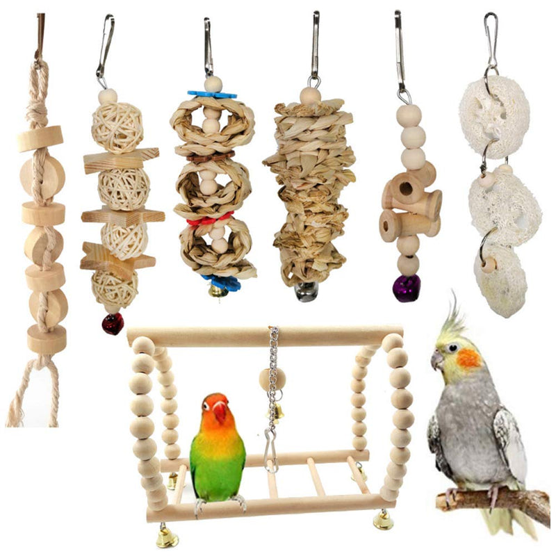 7Pcs Bird Toy Set Chewing Toys Hanging Cage Swing Parrot Standing Climbing Toy for Love Birds Budgie Macaws Cockatiels Parakeets African Grey Parrot Finches Lorikeets - PawsPlanet Australia