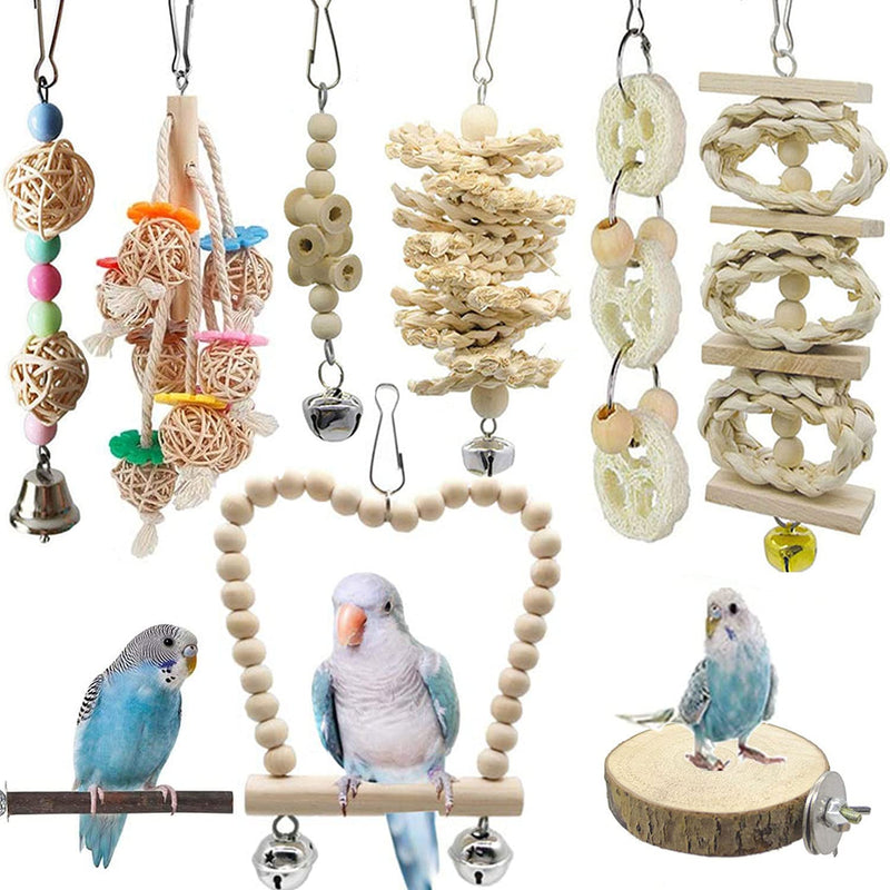 Aidiyapet 8 Packs Bird Toy Bird Parrot Swing Chewing Toys Birdcage Stands - Wood Hanging Bell Bird Cage Toys Suitable for Small Parakeets, Cockatiels, Conures, Finches,Budgie,Macaws, - PawsPlanet Australia