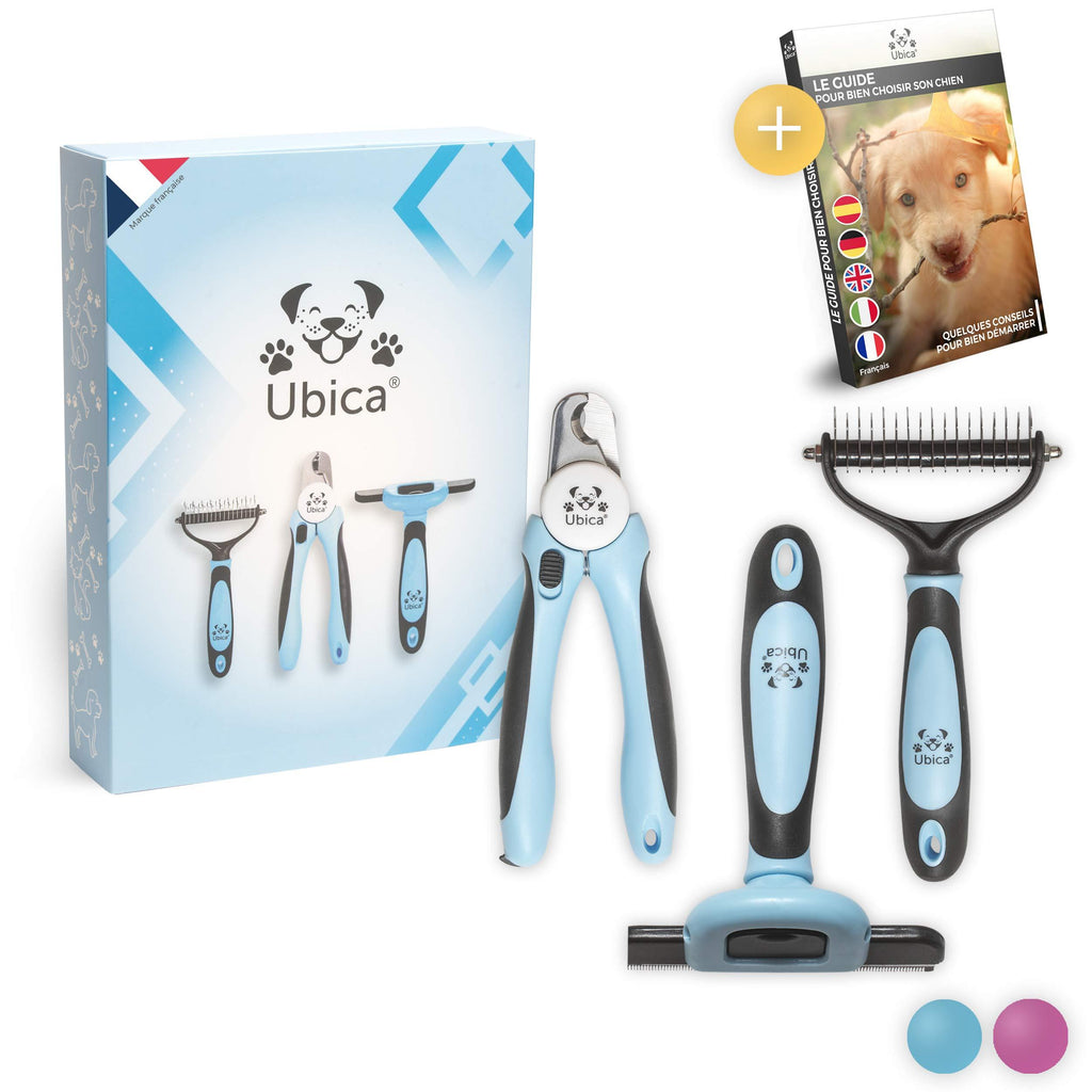 Ubica® Grooming Products for Dogs Grooming for Cats and Dogs 1 Dog Claw Clippers with file, 1 Dematting Comb for Dogs and 1 Dog Comb - For dogs and cats - Ebook offered - Color: blue - PawsPlanet Australia