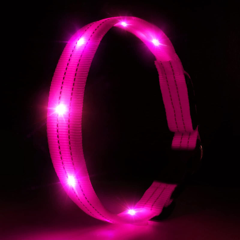 Flashing Dog Collar Rechargeable LED Luminous Dog Collars Waterproof Light Up Dog Collars Super Bright 3 Modes Adjustable for Small Medium Large Dogs, Pink-M M (38-50cm,2.5cm) - PawsPlanet Australia