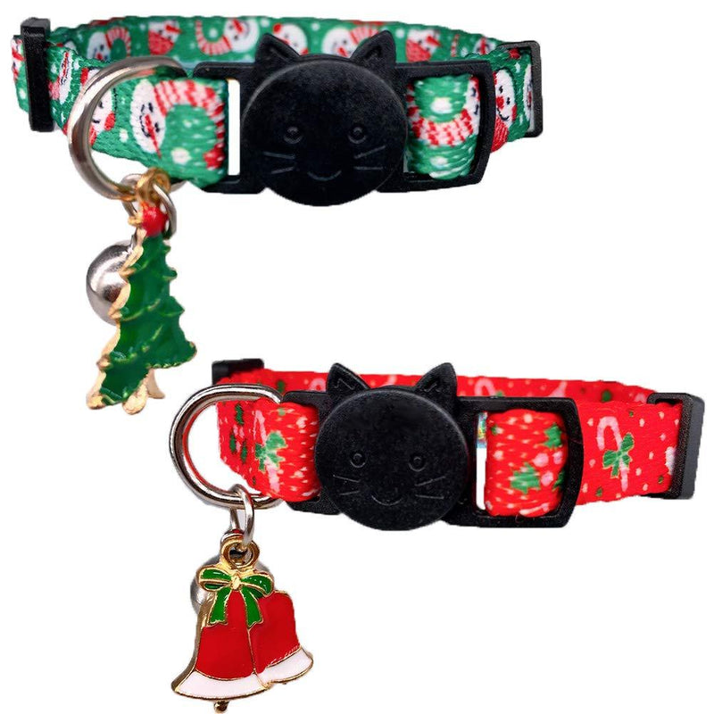 Cluos 2 Pack Christmas Cat Collars Quick Release with Bell and Charm Safety Kitten Collars Adjustable 19-30cm Red & Green - PawsPlanet Australia