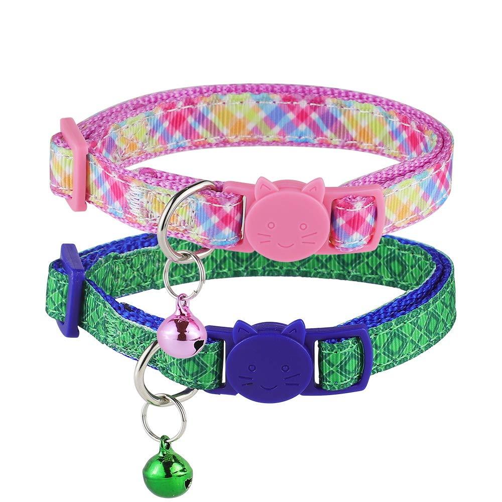Powboro Cat Collar Set of 2 PCS, Safety Adjustable Cat Collar with Personalization Options, Gift Accessory for Small Medium Dogs Cats (Pink-green-blue) Pink-green-blue - PawsPlanet Australia