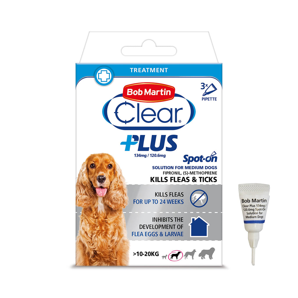 Bob Martin Clear Plus | Spot On Flea Treatment for Medium Dogs (10-20 kg) | Instantly Kills Fleas, Ticks, Lice & Flea Eggs (3 Pipettes) - PawsPlanet Australia
