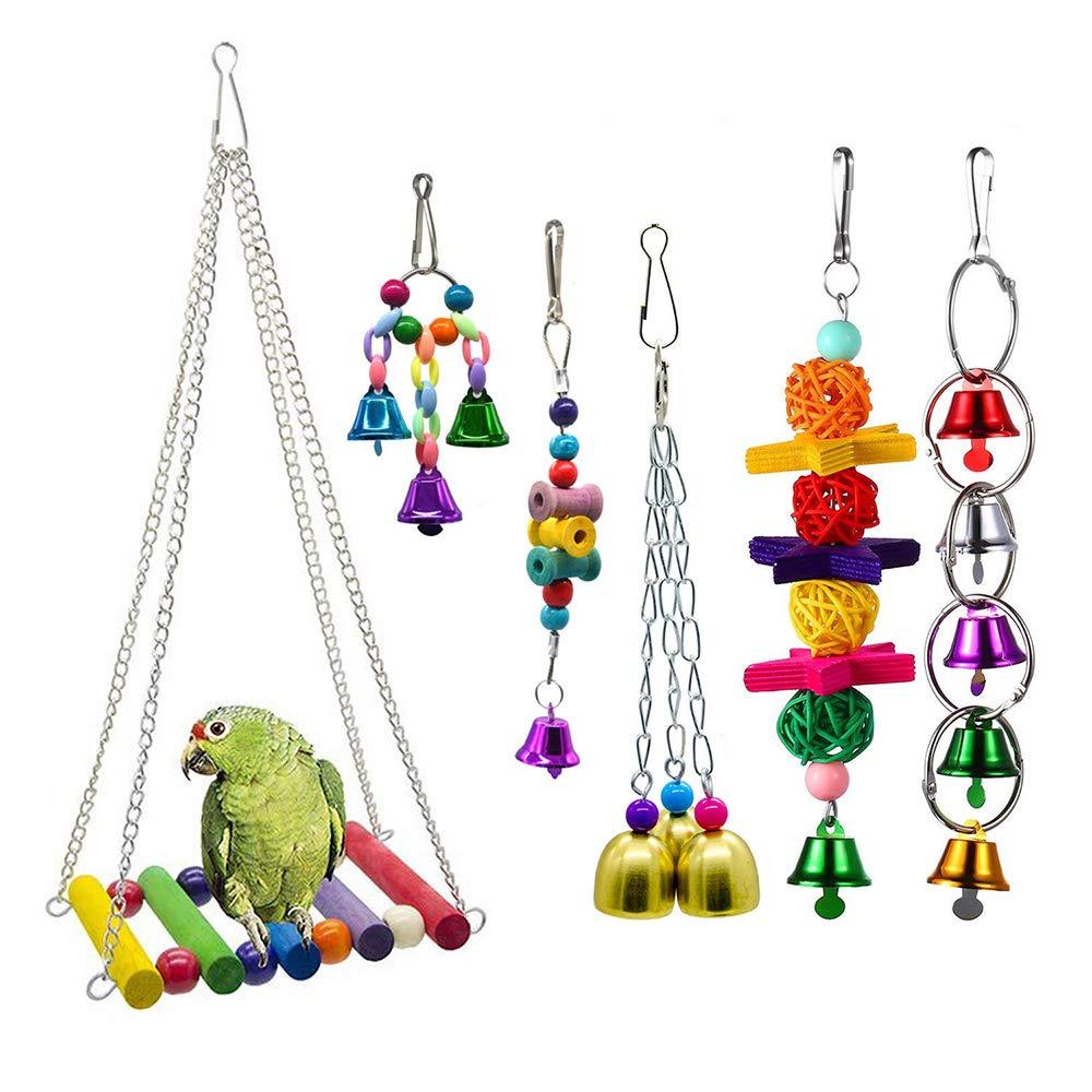 Amasawa 6 Pieces Bird Parrot Toys for Cages,Colorful Chewing Hanging Swing Pet Bird Toy with Bells, Rope Perch for Small Birds,Parakeet Bird Toys Bird Perches Swing Toys - PawsPlanet Australia