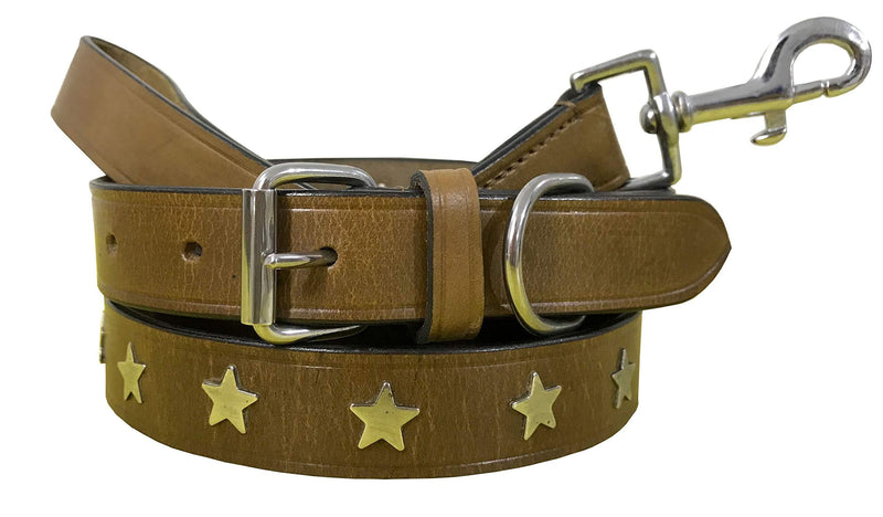 BRADLEY CROMPTON Genuine Leather Matching Pair Dog Collar and Lead Set L 17-21 Inches Khaki Brown - PawsPlanet Australia