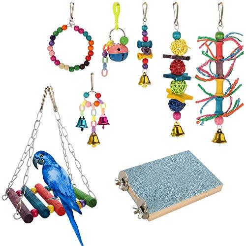 upain Bird Toys 8 Pack Parrot Toy Set Bells Hanging Swing Shredding Chewing Toy for Cage Bird Ringneck Parrot Parakeets Cockatiels Macaws Finches Mynah Budgies Small Birds - PawsPlanet Australia