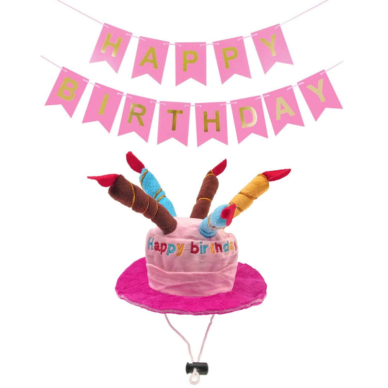 JZK Cake candle shaped pink velvet birthday hat cap toy and pink HAPPY BIRTHDAY banner for girl dog cat, pet dog cat birthday party decorations accessories - PawsPlanet Australia