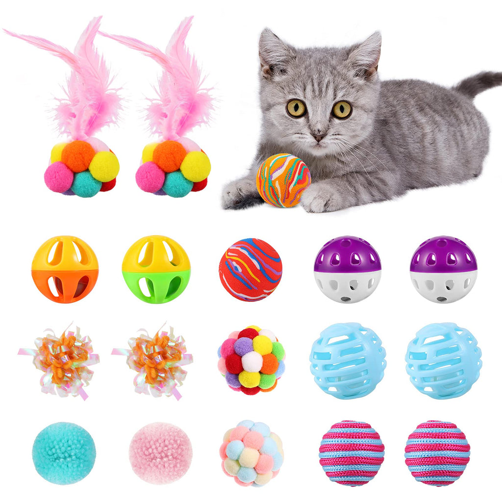 POPETPOP 18Pcs Cat Toys Assortments, Interactive Kitty Cat Ball Toys With Bell, Feather, Crinkle, Plush, Knit For Indoor - PawsPlanet Australia