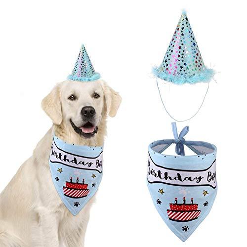 YUET Dog Happy Birthday Bandana Cat Pet Neckerchief Scarfs Ties and Cute Adorable Hat for Girls Boys Dogs,Triangle Fancy Dress Scarf for Party Accessories,Outfit Gift Decorations Set Puppy（Blue Boy） Blue Boy - PawsPlanet Australia